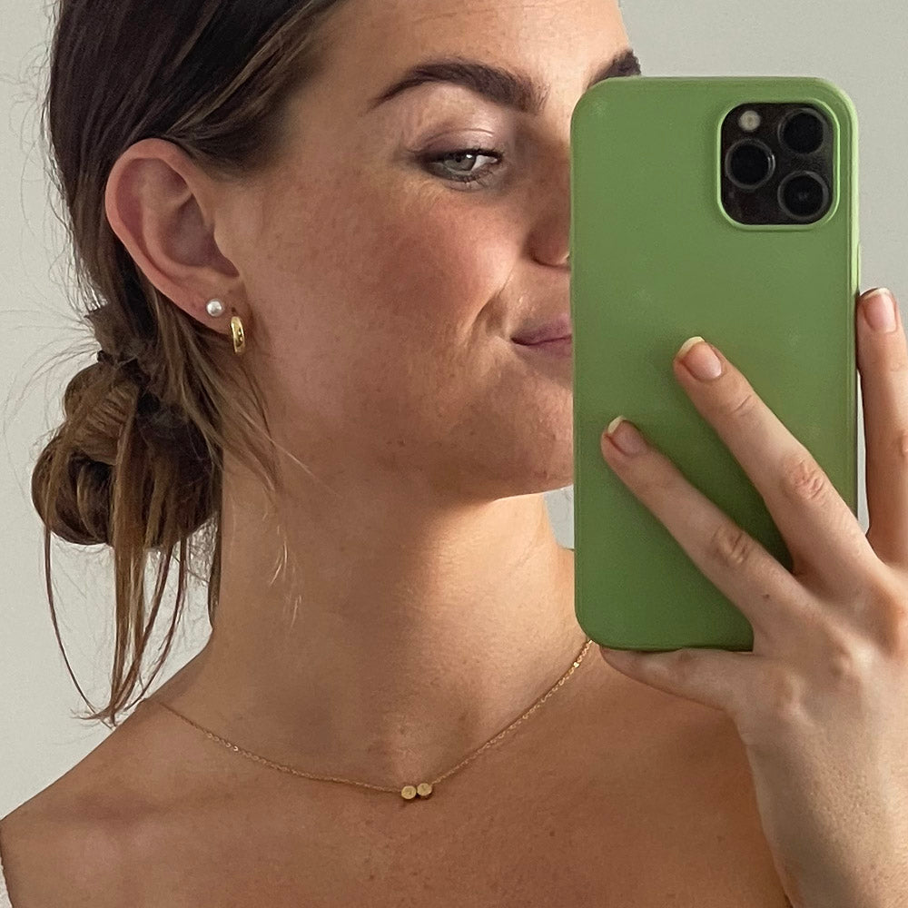 model wearin 2 initial necklace, 2 initial necklace in silver, free engraving, personalised jewellery, 2 different initial engraved on one necklace, waterproof and tarnish resistant, free gift box, 100 day warranty, personalised gift, 