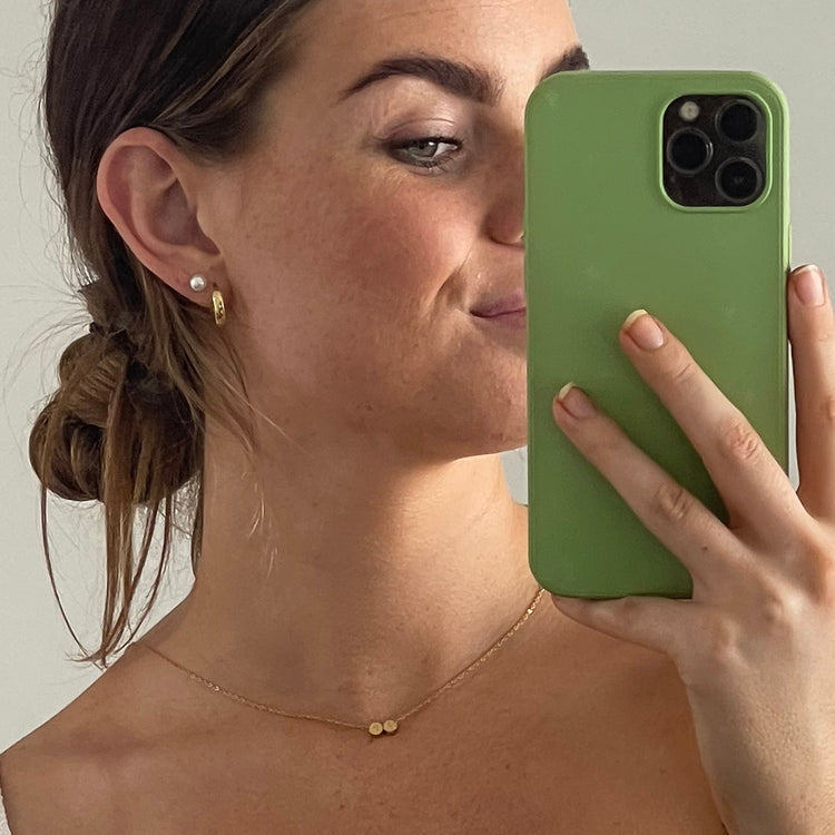 model wearin 2 initial necklace, 2 initial necklace in silver, free engraving, personalised jewellery, 2 different initial engraved on one necklace, waterproof and tarnish resistant, free gift box, 100 day warranty, personalised gift, 