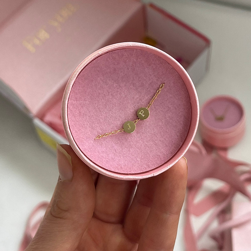 2 initial necklace, engraved and packed in iconic ELVIE pink gift box